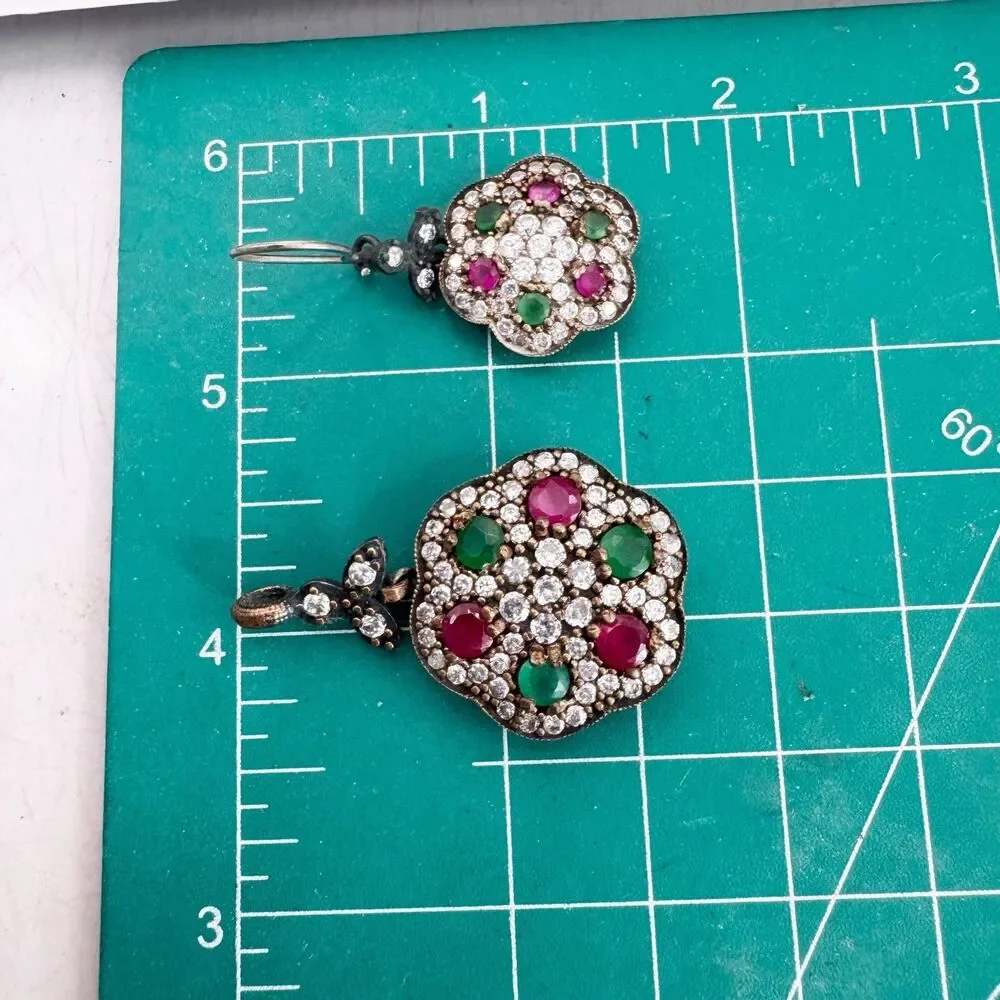 Ruby And Emerald Sterling Silver And Brass Turkish Flower Earrings And Pendant